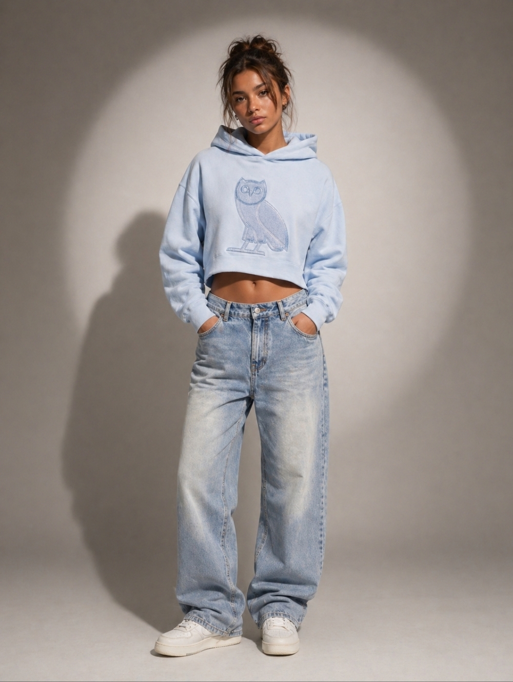 OVO October's Very Own Drake Owl Hoodie Cropped Light Blue Women's Sz L